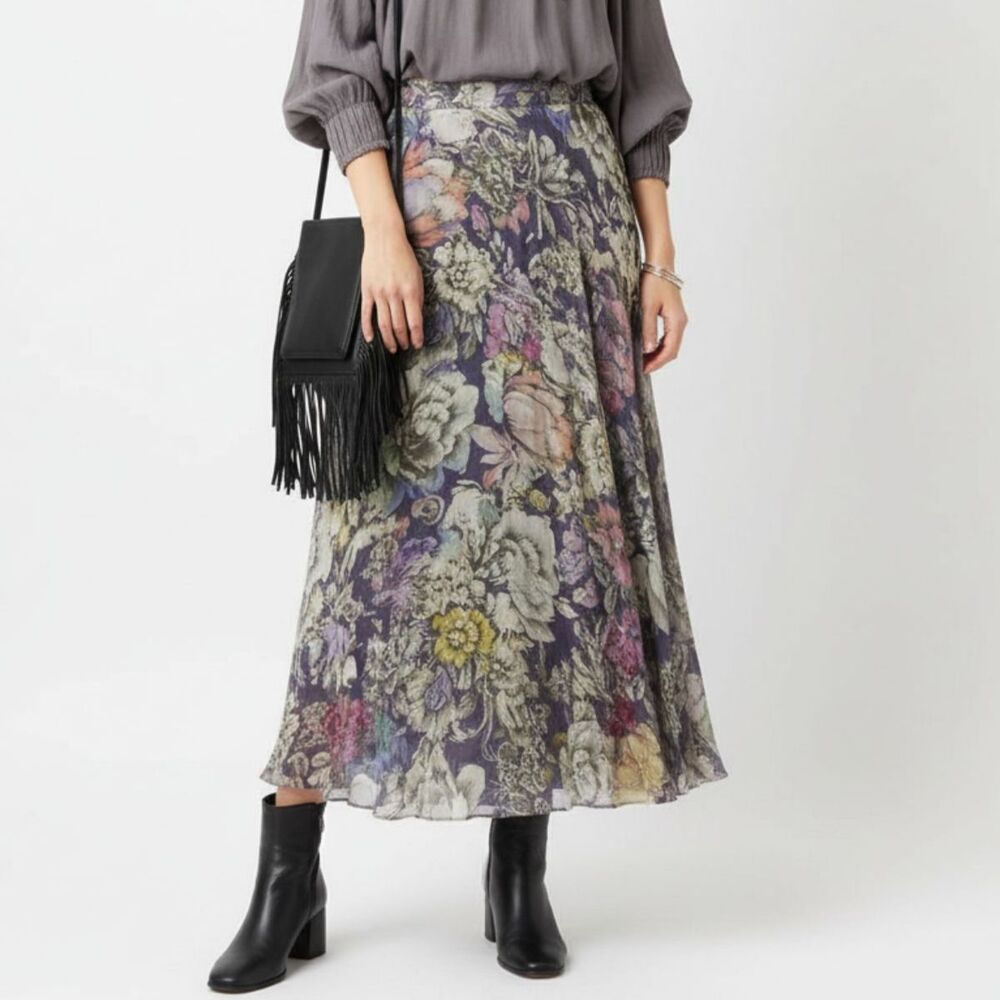 Anthropologie Gray Floral A Line Maxi Skirt 0